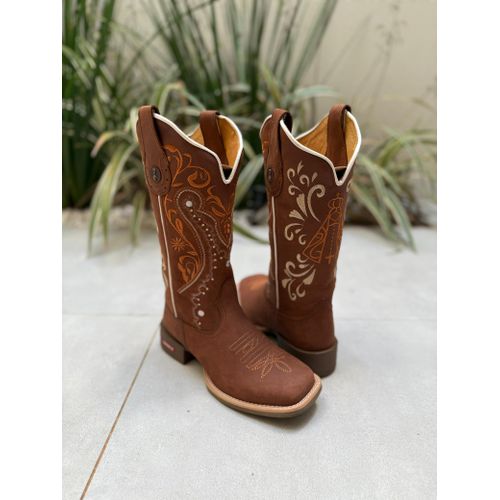 BOTA TEXANA EM COURO MARROM BORDADO TRIBAL E NOSSA... - Botas Texanas Bruto