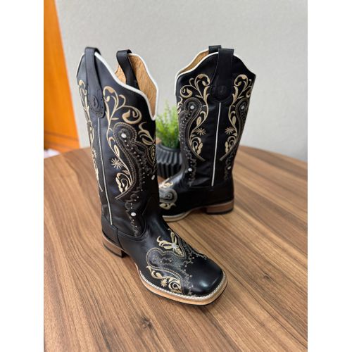 BOTA TEXANA EM COURO PRETO BORDADO TRIBAL SOLADO D... - Botas Texanas Bruto