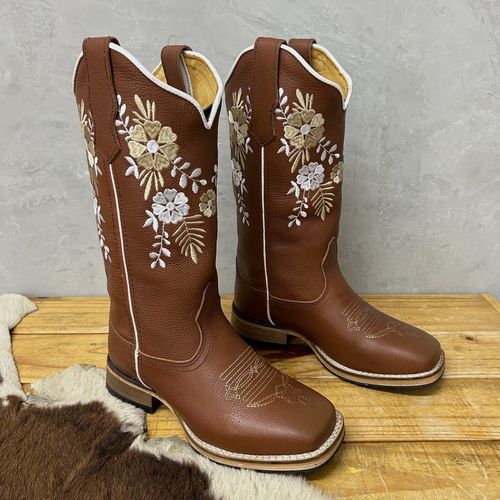 BOTA TEXANA EM COURO MUSTANG BORDADO FLORES SOLADO... - Botas Texanas Bruto