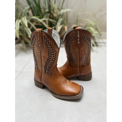 BOTA TEXANA EM COURO CARAMELO A LASER FOLHA GLITTE... - Botas Texanas Bruto