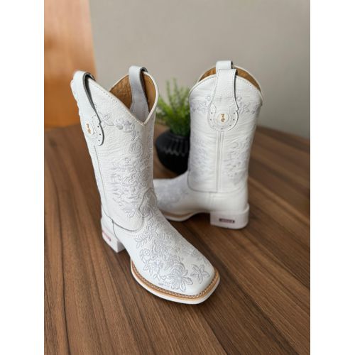 BOTA TEXANA EM COURO BRANCO BORDADO FLORES - BTF54 - Botas Texanas Bruto