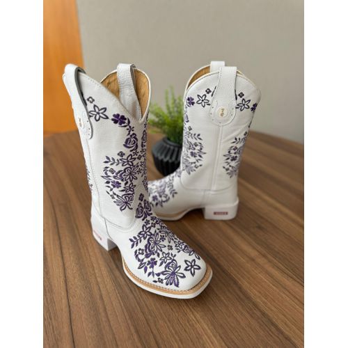 BOTA TEXANA EM COURO BRANCO BORDADO FLORES ROXO - ... - Botas Texanas Bruto