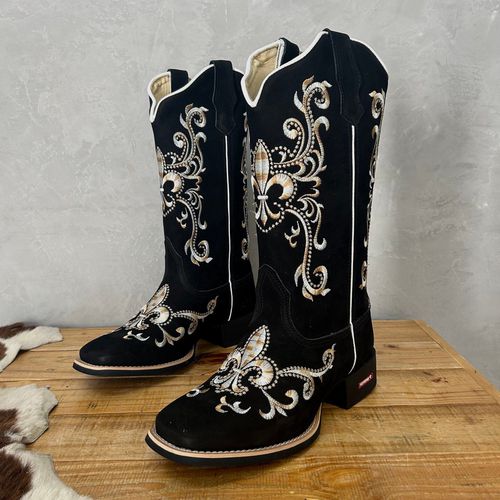 BOTA TEXANA EM COURO NOBUCK PRETO BORDADO LUSTRE 3... - Botas Texanas Bruto