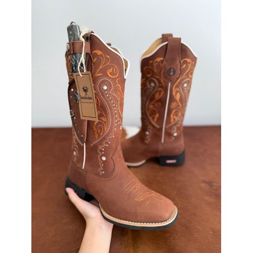 BOTA TEXANA EM COURO MARROM BORDADO TRIBAL LARANJA... - Botas Texanas Bruto