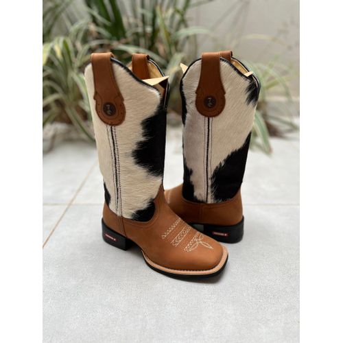 BOTA TEXANA EM COURO VACA MALHADA COM PELO PRETO B... - Botas Texanas Bruto