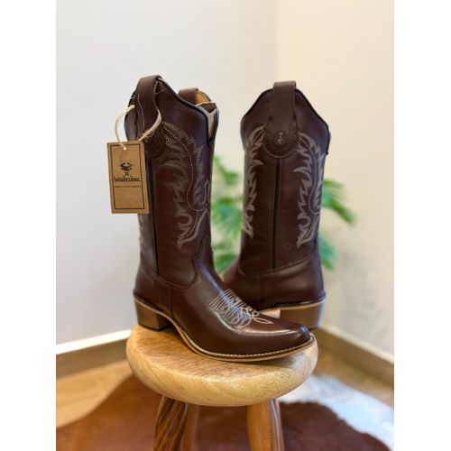 BOTA TEXANA EM COURO MARROM BORDADO LINHAS BEGE BI... - Botas Texanas Bruto