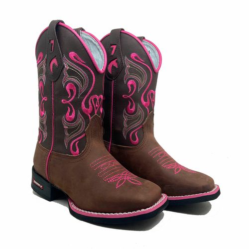 BOTA TEXANA EM COURO MARROM BORDADO NA COR ROSA + ... - Botas Texanas Bruto