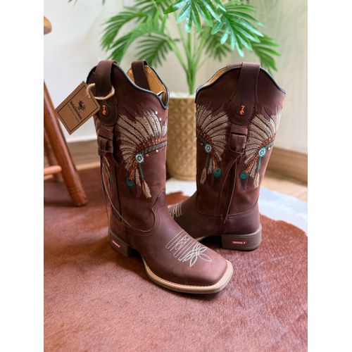 BOTA TEXANA EM COURO MARROM BORDADO INDIO METAIS E... - Botas Texanas Bruto