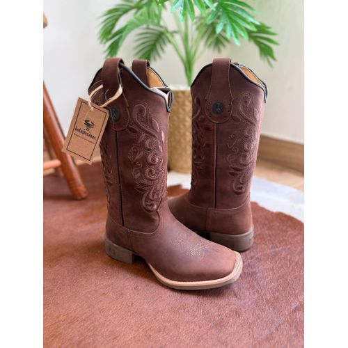 BOTA TEXANA EM COURO BORDADO RAMOS SOLADO MARROM -... - Botas Texanas Bruto