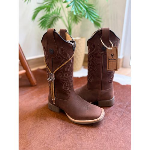 BOTA TEXANA EM COURO BORDADO RAMOS SOLADO MARROM +... - Botas Texanas Bruto