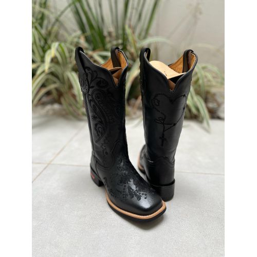 BOTA TEXANA EM COURO ALL BLACK BORDADO TRIBAL, CRU... - Botas Texanas Bruto