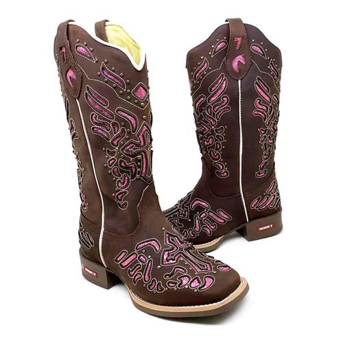 BOTA TEXANA EM COURO MARROM A LASER CRUZ COM GLITT... - Botas Texanas Bruto