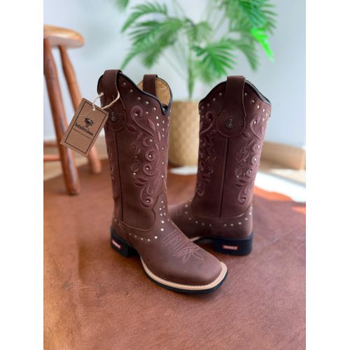 BOTA TEXANA EM COURO BORDADO RAMOS E FLORAO MARROM... - Botas Texanas Bruto