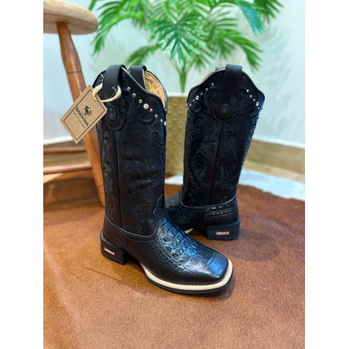 BOTA TEXANA EM COURO BORDADO TRIBAL ALL BLACK ESTI... - Botas Texanas Bruto