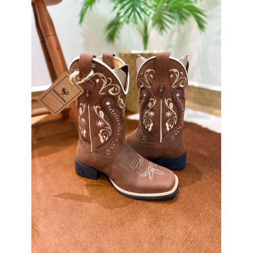 BOTA TEXANA EM COURO BORDADO TRIBAL BEGE E ROSA CL... - Botas Texanas Bruto