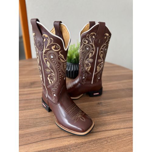BOTA TEXANA EM COURO MARROM TRIBAL E FLORÃO BEGE -... - Botas Texanas Bruto