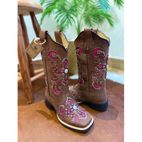 BOTA TEXANA EM COURO A LASER CRUZ GLITTER ROSA PIN... - Botas Texanas Bruto