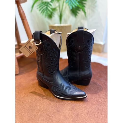 BOTA TEXANA EM COURO BORDADO ALL BLACK BICO FINO C... - Botas Texanas Bruto