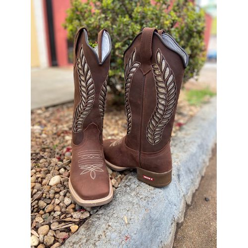 BOTA TEXANA EM COURO MARROM LASER COM GLITTER DOUR... - Botas Texanas Bruto