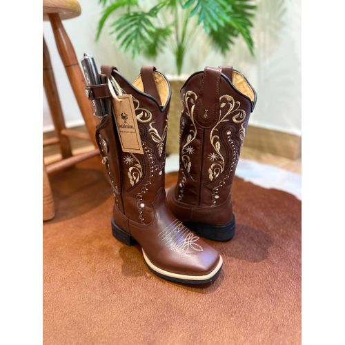 KIT BOTA TEXANA EM COURO LATEGO MARROM BORDADO TRI... - Botas Texanas Bruto