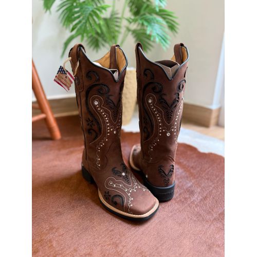 BOTA TEXANA EM COURO MARROM A LASER FLORENCIA GLIT... - Botas Texanas Bruto