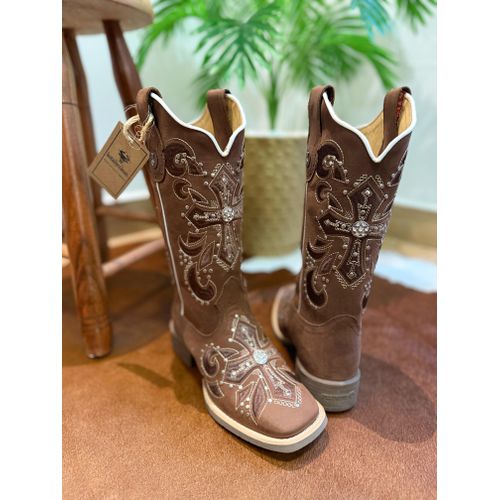 BOTA TEXANA EM COURO MARROM BORDADO DO LASER CRUZ ... - Botas Texanas Bruto