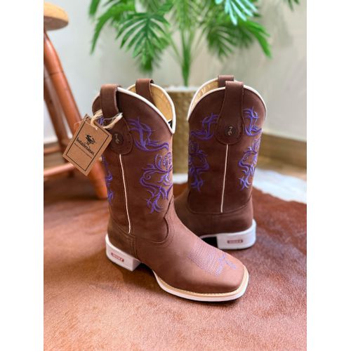 BOTA TEXANA EM COURO MARROM BORDADO FLORES ROXO SO... - Botas Texanas Bruto