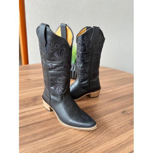 BOTA TEXANA EM COURO PRETO BORDADO ALL BLACK BICO ... - Botas Texanas Bruto