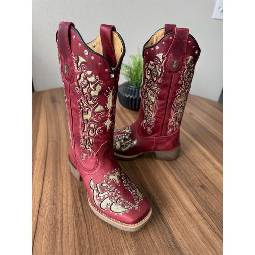 BOTA TEXANA EM COURO VERMELHO A LASER GLITTER DOUR... - Botas Texanas Bruto