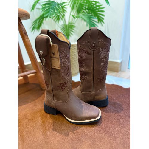 KIT BOTA TEXANA EM COURO E BORDADO RAMOS MARROM +... - Botas Texanas Bruto