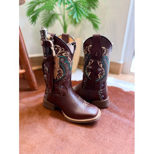 KIT BOTA TEXANA EM COURO LÁTEGO MARROM BORDADO TRI... - Botas Texanas Bruto