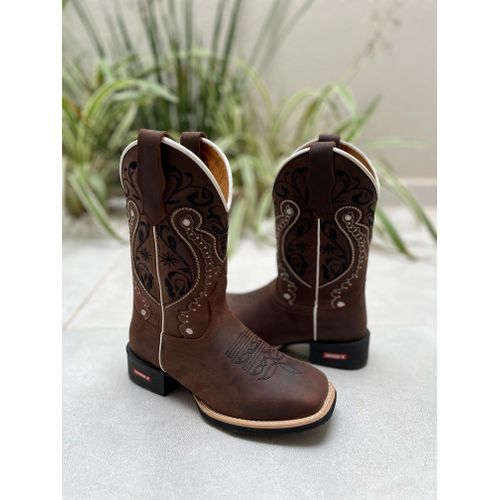 BOTA TEXANA EM COURO CAPPUCCINO BORDADO TRIBAL E F... - Botas Texanas Bruto