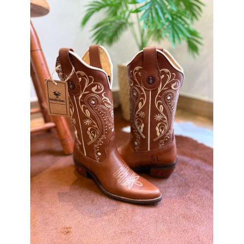BOTA TEXANA EM COURO MUSTANG BORDADO TRIBAL E FLOR... - Botas Texanas Bruto