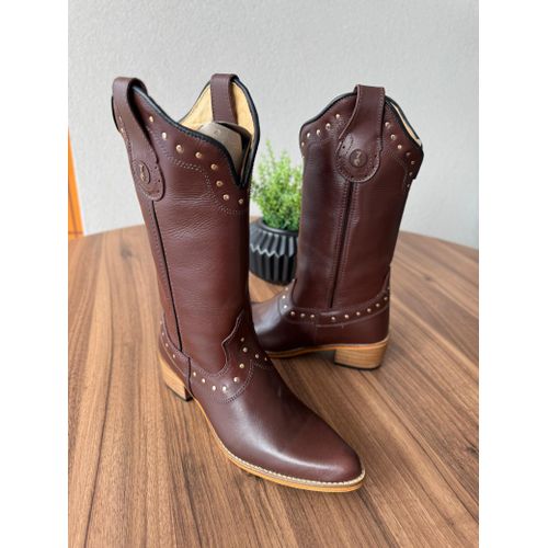 BOTA TEXANA EM COURO LÁTEGO MARROM BORDADO BICO FI... - Botas Texanas Bruto
