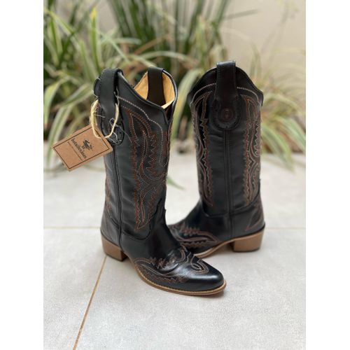 BOTA TEXANA EM COURO LÁTEGO PRETO BORDADO DUAS COR... - Botas Texanas Bruto