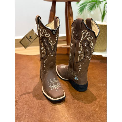 BOTA TEXANA EM COURO MARROM BORDADO TRIBAL E NOSSA... - Botas Texanas Bruto