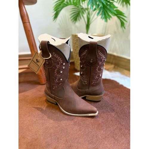 BOTA TEXANA EM COURO BORDADO RAMOS MARROM CANO TRA... - Botas Texanas Bruto