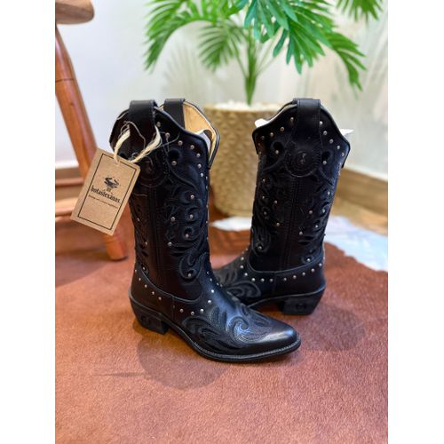 BOTA TEXANA EM COURO PRETO BORDADO RAMOS ALL BLACK... - Botas Texanas Bruto