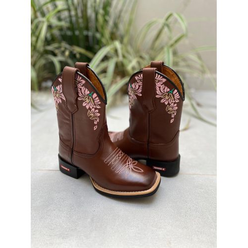 TEXANA CAPOTINHA EM COURO MARROM BORDADO FLORES - ... - Botas Texanas Bruto