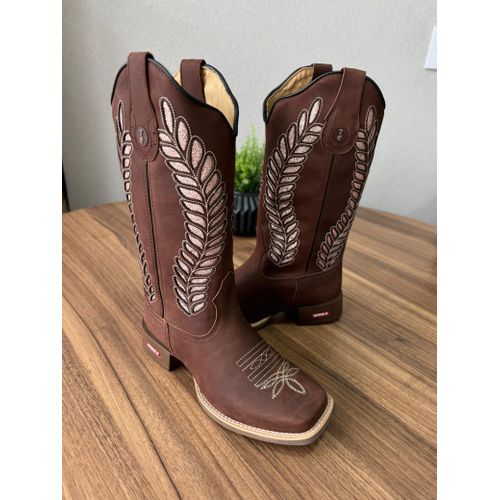 BOTA TEXANA EM COURO MARROM A LASER GLITTER ROSA C... - Botas Texanas Bruto