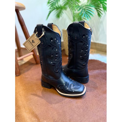BOTA TEXANA EM COURO PRETO BORDADO ALL BLACK RAMOS... - Botas Texanas Bruto