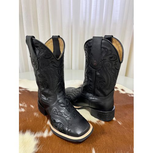 BOTA TEXANA EM COURO PRETO BORDADO ALL BLACK TRIBA... - Botas Texanas Bruto