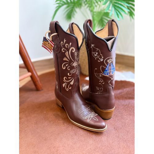 BOTA TEXANA EM COURO LÁTEGO MARROM BORDADO CRUZ E ... - Botas Texanas Bruto