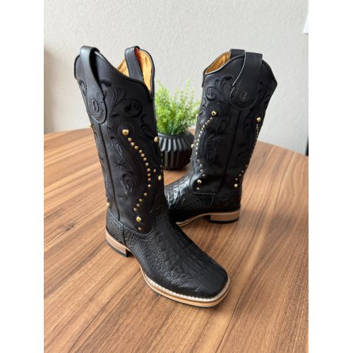 BOTA TEXANA EM COURO ESTILIZADO COBRA PRETO BORDAD... - Botas Texanas Bruto