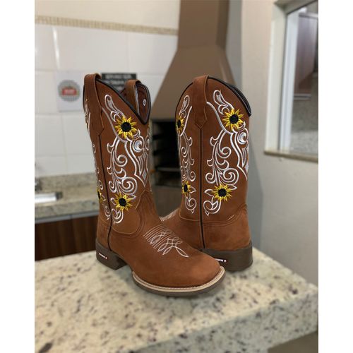 TEXANA COURO CARAMELO BORDADO GIRASSÓIS - btf72 - Botas Texanas Bruto