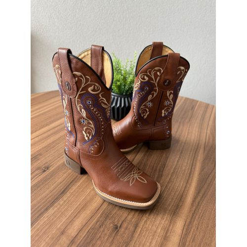BOTA TEXANA EM COURO MUSTANG BORDADO TRIBAL BEGE E... - Botas Texanas Bruto