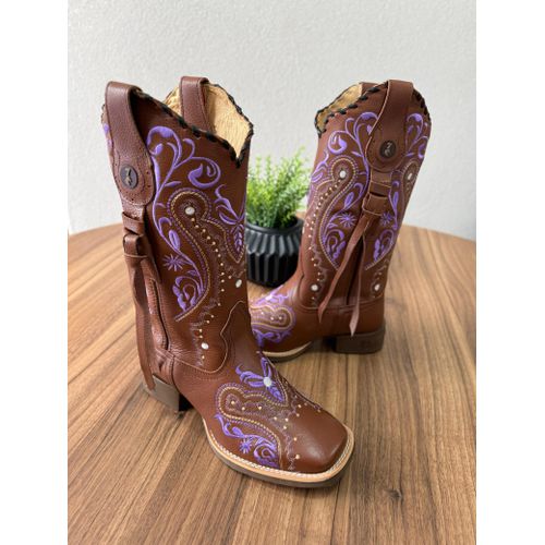 BOTA TEXANA EM COURO MUSTANG BORDADO TRIBAL ROXO E... - Botas Texanas Bruto