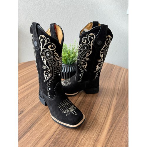 BOTA TEXANA EM COURO NOBUCK PRETO BORDADO TRIBAL B... - Botas Texanas Bruto