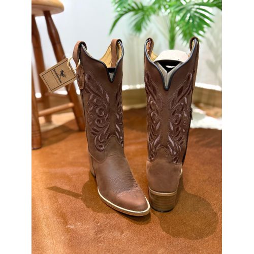 BOTA TEXANA EM COURO MARROM BORDADO RAMOS SOLADO B... - Botas Texanas Bruto