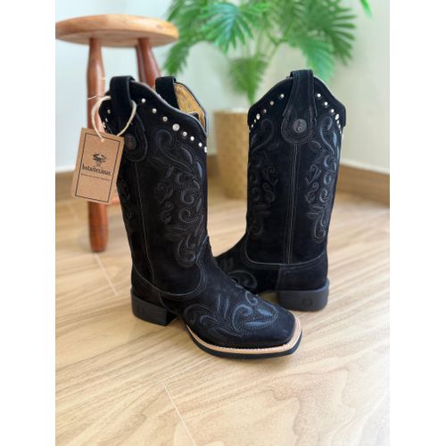 BOTA TEXANA EM COURO NOBUCK PRETO BORDADO RAMOS CO... - Botas Texanas Bruto
